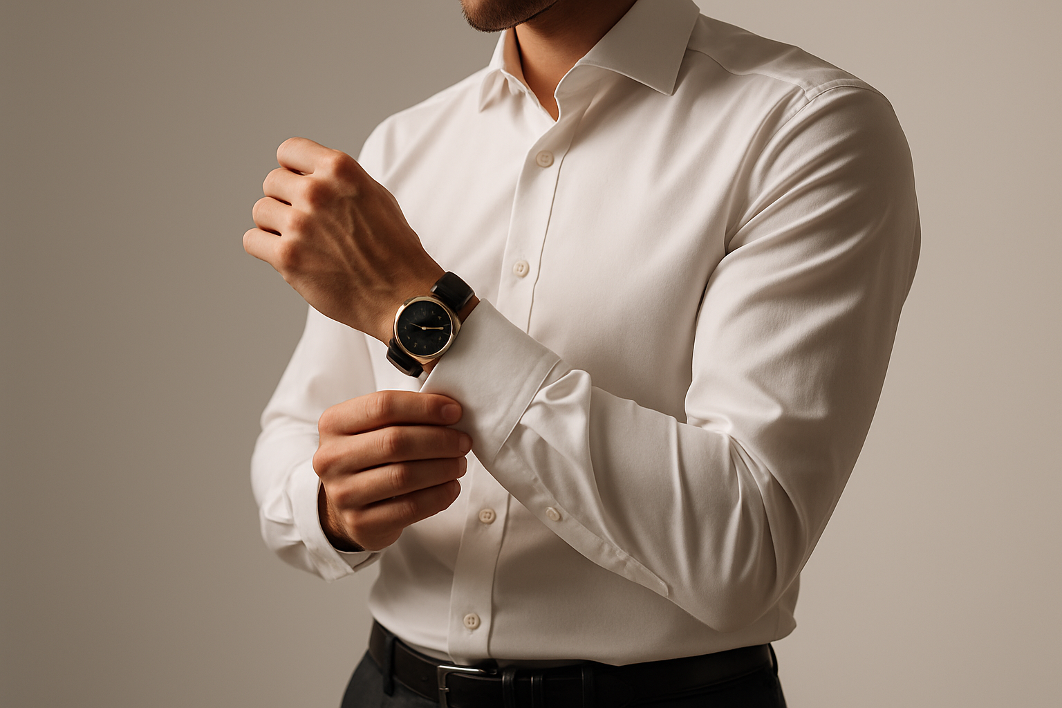 Man wearing a nice shirt fixing his sleeve wearing a watch no face showing 