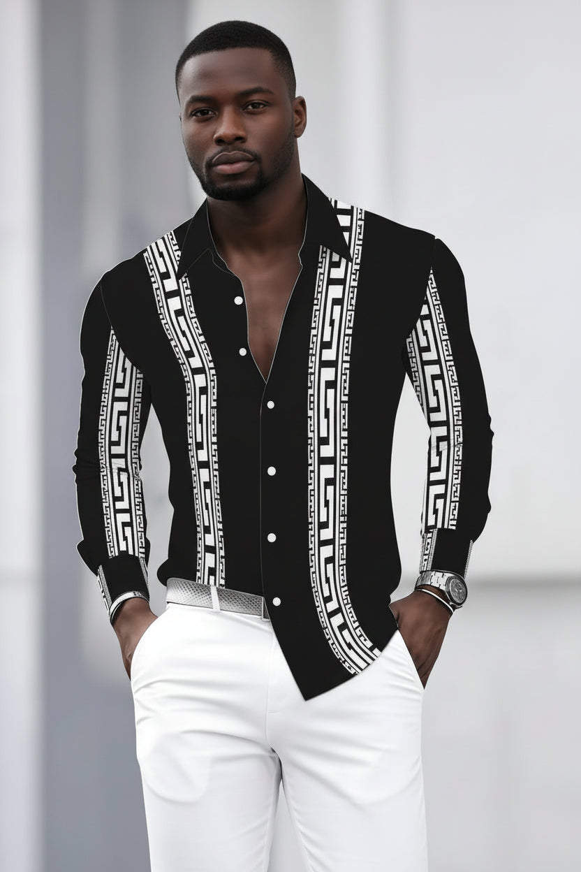 Men's Long Sleeved Shirt - Retro Geometric