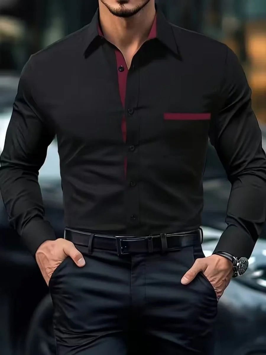 Men's Jacquard Patchwork Colorful Casual Long-Sleeve Shirt, New Style, Men's Casual Turn-Down Collar Shirt