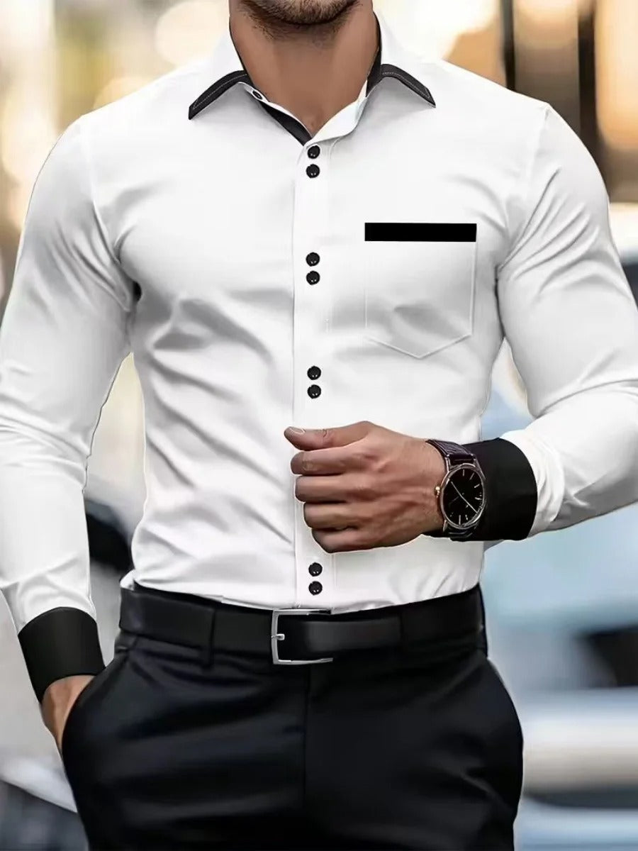 Men's Jacquard Patchwork Colorful Casual Long-Sleeve Shirt, New Style, Men's Casual Turn-Down Collar Shirt