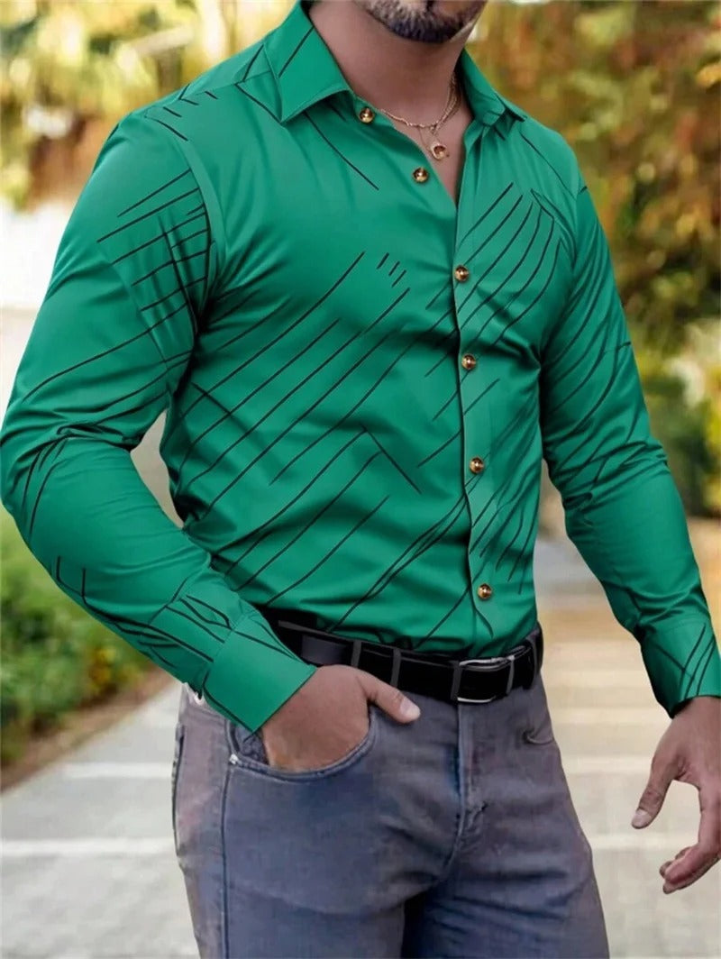 Men's fashionable casual long sleeved shirt with checkered or stripe pattern.