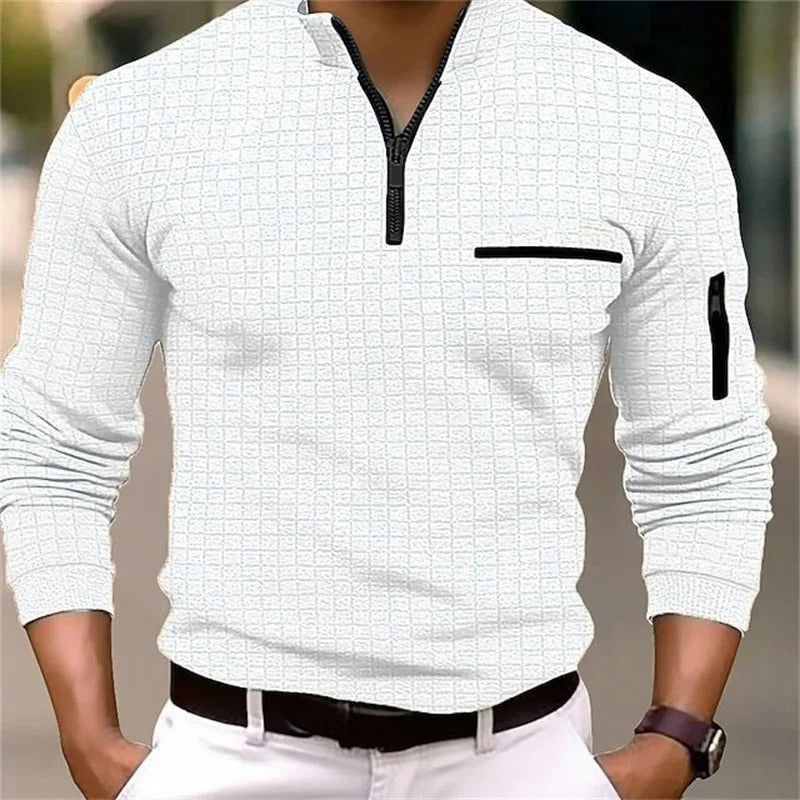 Men's new long-sleeved striped POLO shirt with zipper collar, retro style, sports, outdoor, leisure, comfortable and lightweight