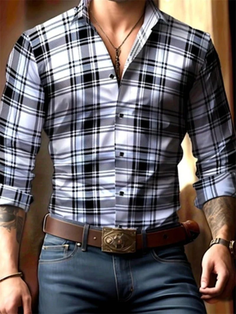 Men's fashionable casual long sleeved shirt with checkered or stripe pattern.